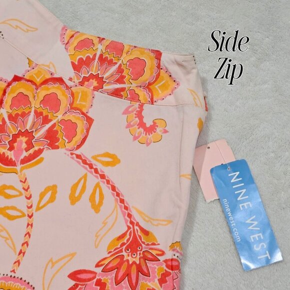 Nine West Vibrant Floral A-Line Skirt – Pink/Orange Cotton Blend w/ Side Zip - Picture 4 of 9